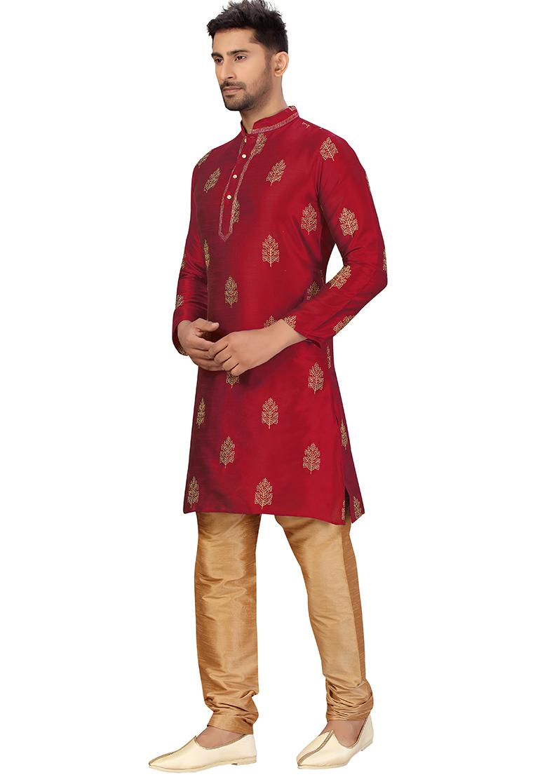 Maroon Embroidered Silk Kurta Set For Men