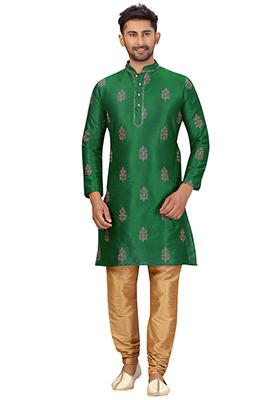 Green Embroidered Silk Kurta Set For Men