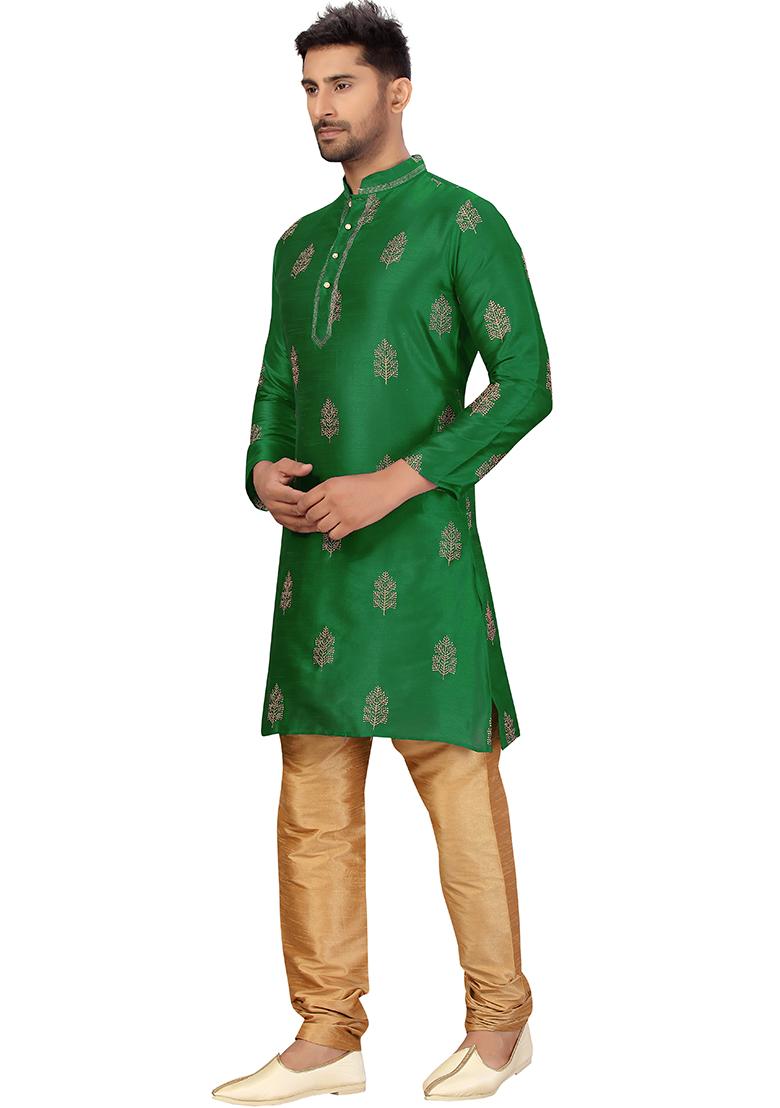 Green Embroidered Silk Kurta Set For Men