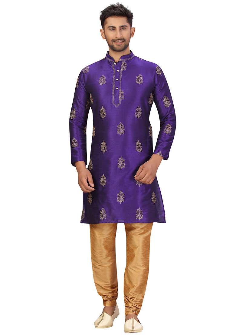 Purple Embroidered Silk Blend Kurta Set For Men - Indya