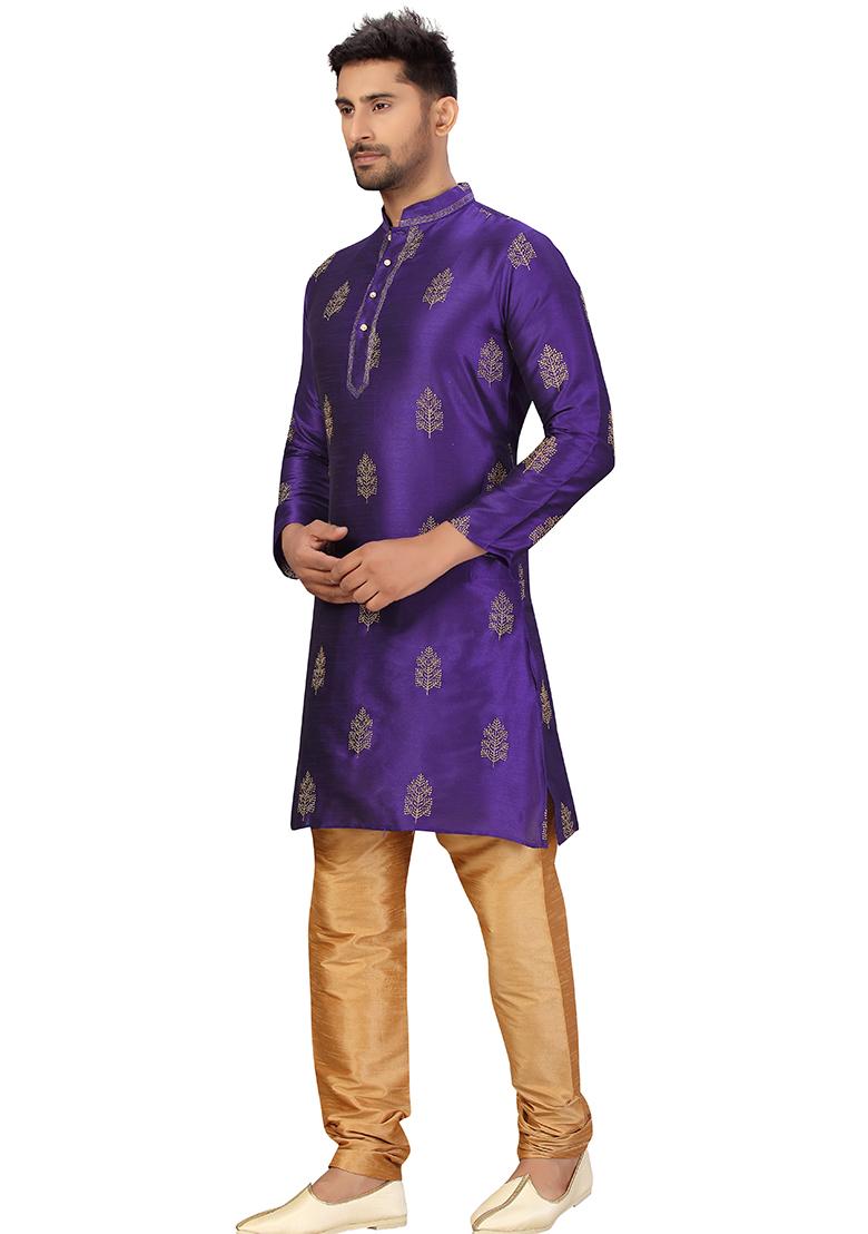 Purple Embroidered Silk Kurta Set For Men