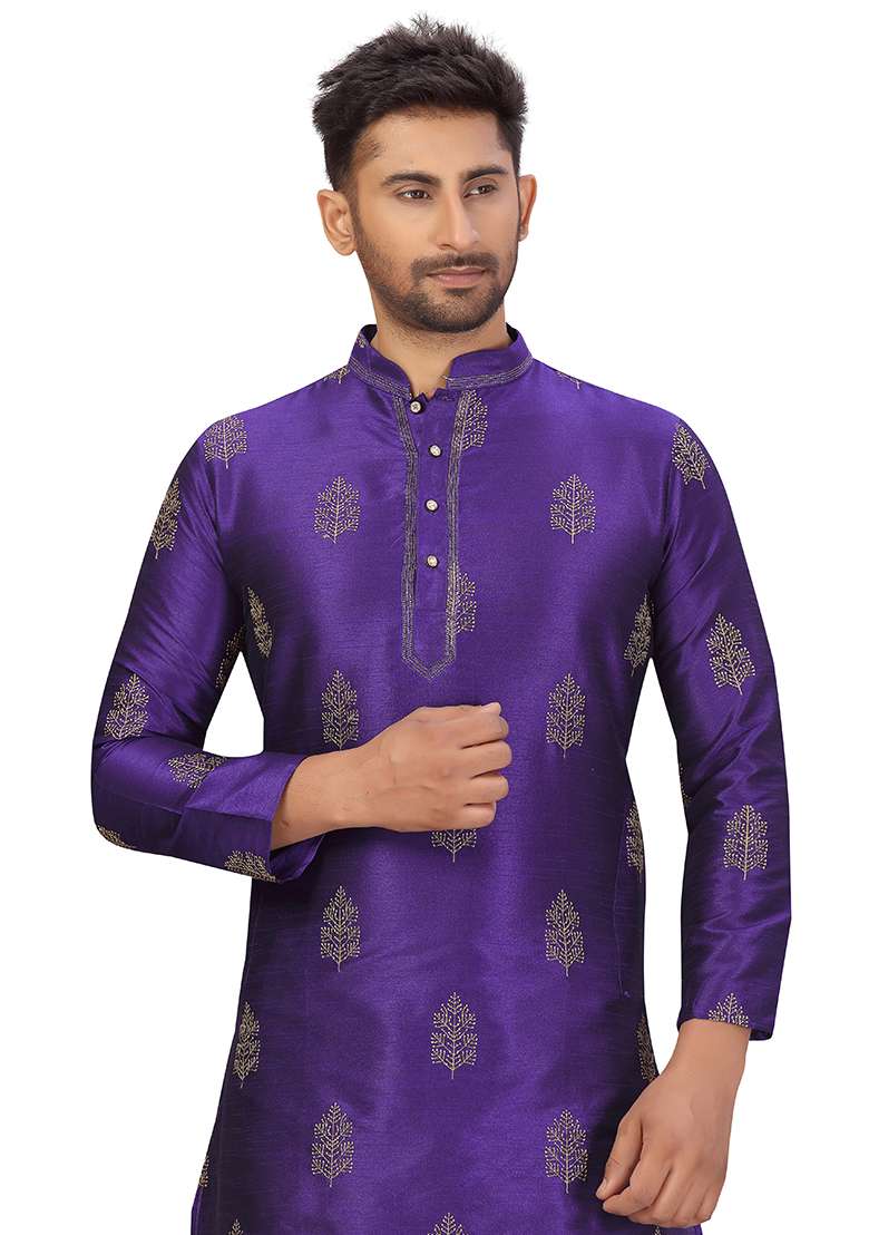 Purple Embroidered Silk Blend Kurta Set For Men - Indya