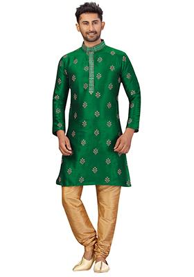 Green Embroidered Silk Kurta Set For Men