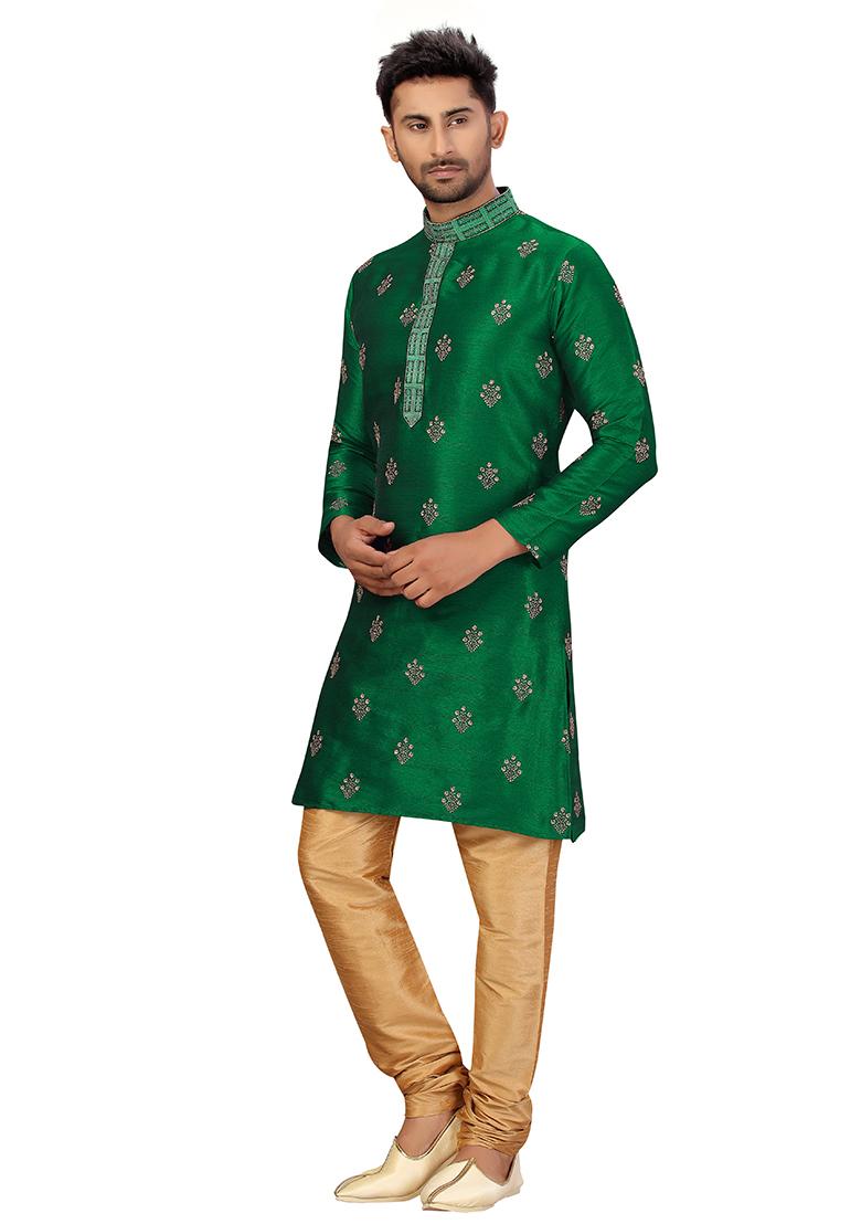 Green Embroidered Silk Kurta Set For Men