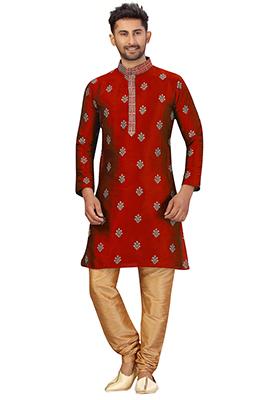 Maroon Embroidered Silk Kurta Set For Men
