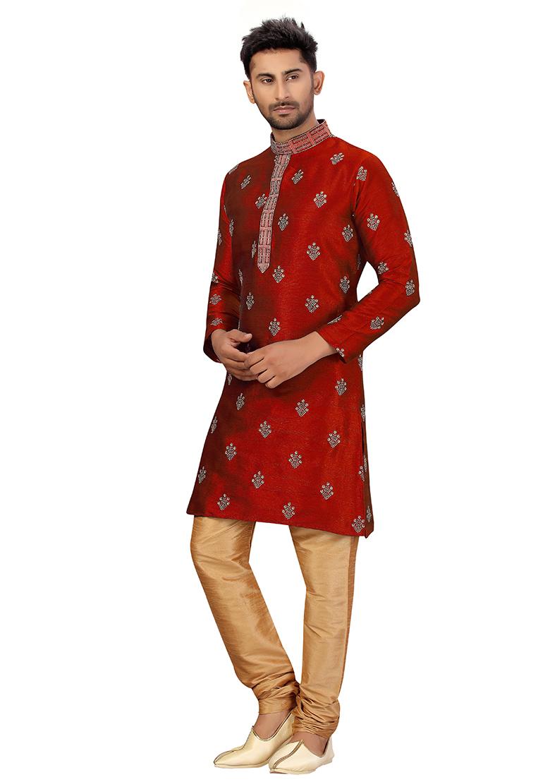 Maroon Embroidered Silk Kurta Set For Men