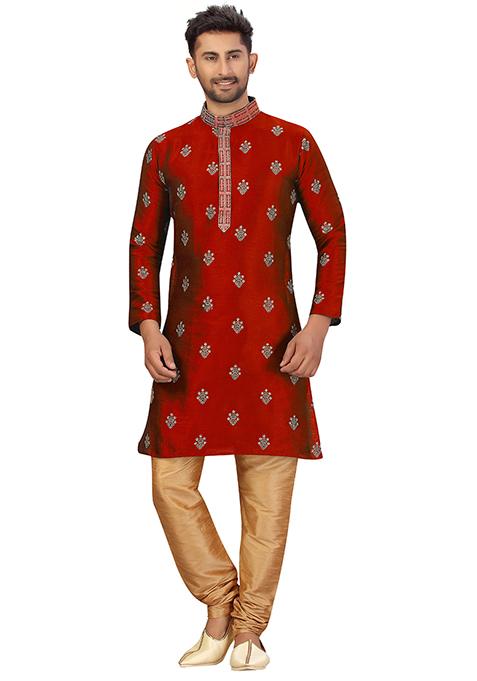 Maroon Embroidered Silk Kurta Set For Men