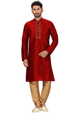 Maroon Embroidered Silk Kurta Set For Men