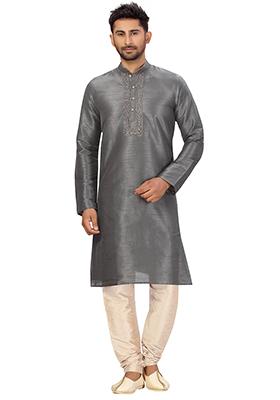 Grey Embroidered Silk Kurta Set For Men