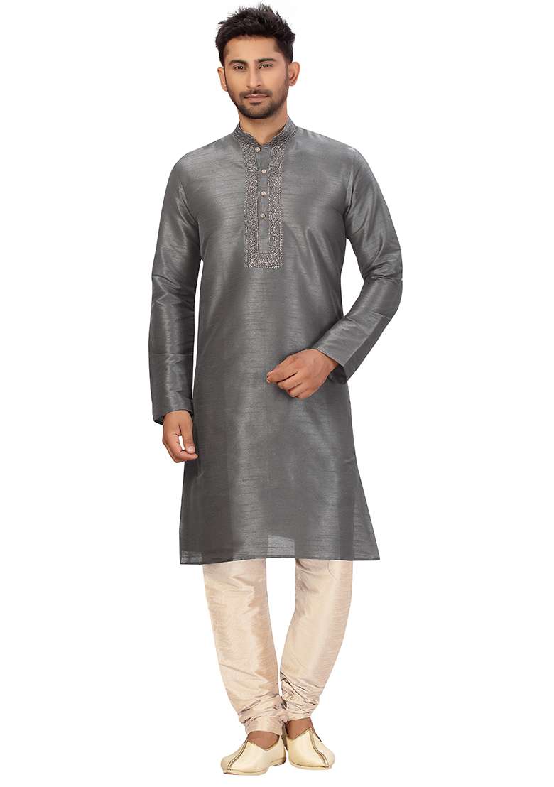 Grey Embroidered Silk Blend Kurta Set For Men - Indya