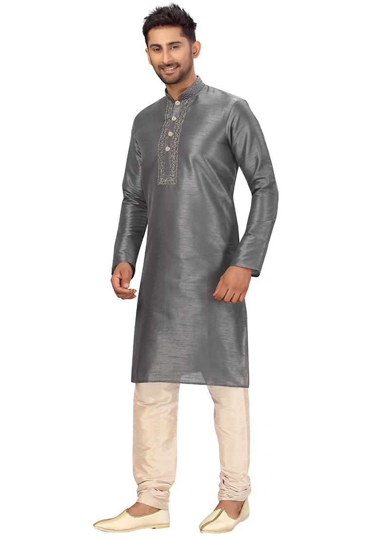 Grey Embroidered Silk Kurta Set For Men