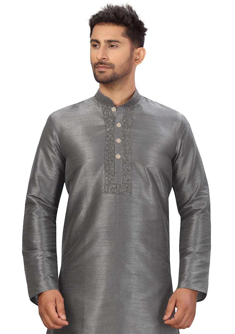 Grey Embroidered Silk Blend Kurta Set For Men - Indya