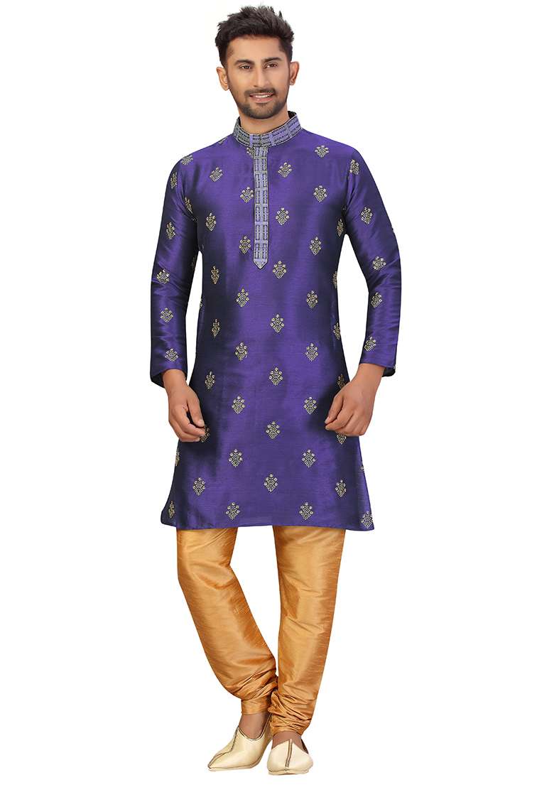 Purple Embroidered Silk Blend Kurta Set For Men - Indya