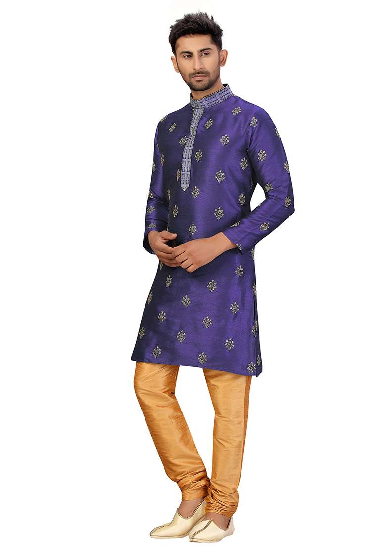 Purple Embroidered Silk Blend Kurta Set For Men - Indya