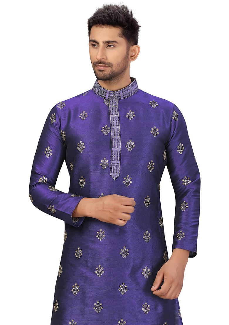 Purple Embroidered Silk Kurta Set For Men