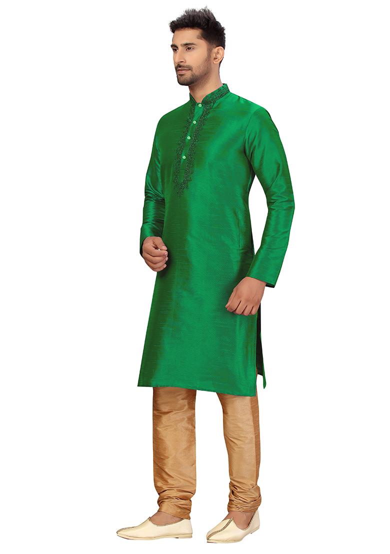 Green Embroidered Silk Kurta Set For Men