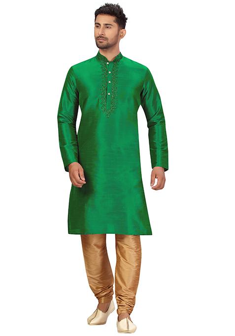 Green Embroidered Silk Kurta Set For Men