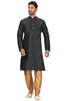 Black Embroidered Silk Kurta Set For Men