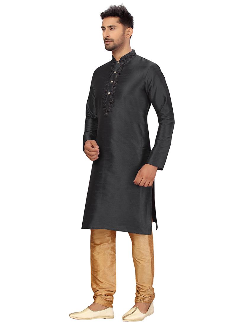 Black Embroidered Silk Kurta Set For Men