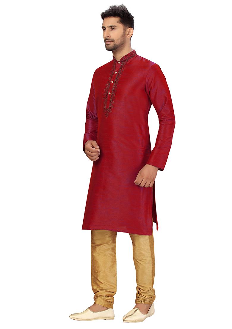 Maroon Embroidered Silk Kurta Set For Men