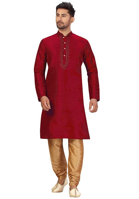 Maroon Embroidered Silk Kurta Set For Men