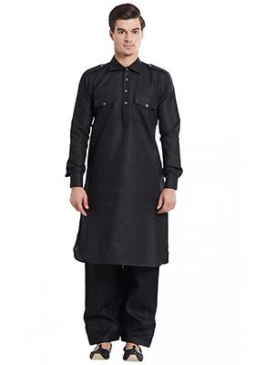 Black Solid Cotton Kurta Set For Men