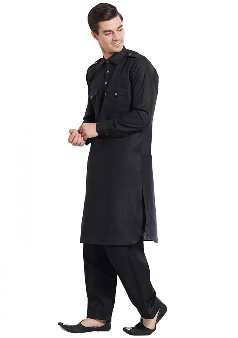 Black Solid Cotton Kurta Set For Men