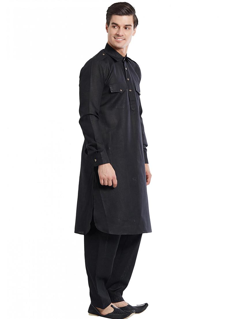 Black Solid Cotton Kurta Set For Men