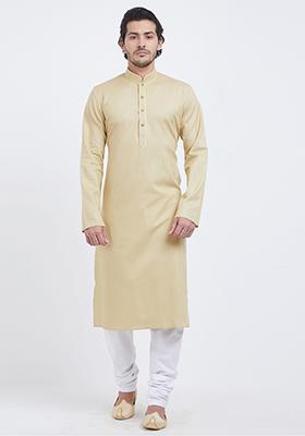 Cream Solid Cotton Kurta Set For Men