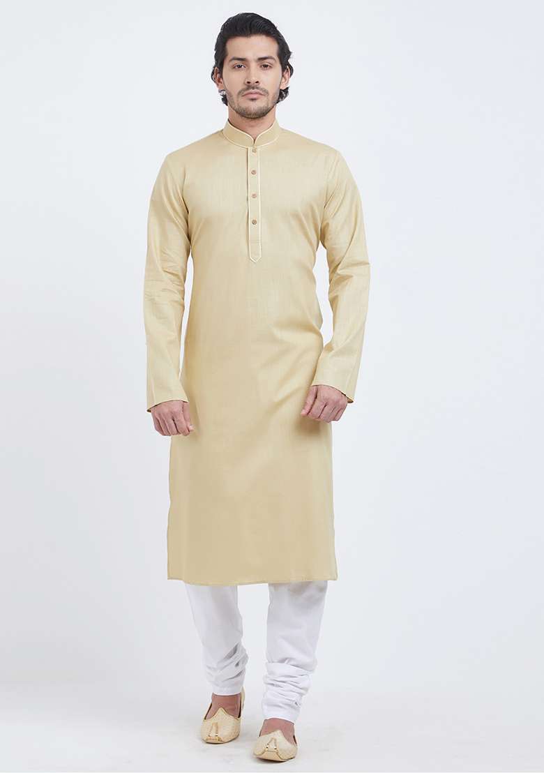 Cream Solid Cotton Kurta Set For Men - Indya