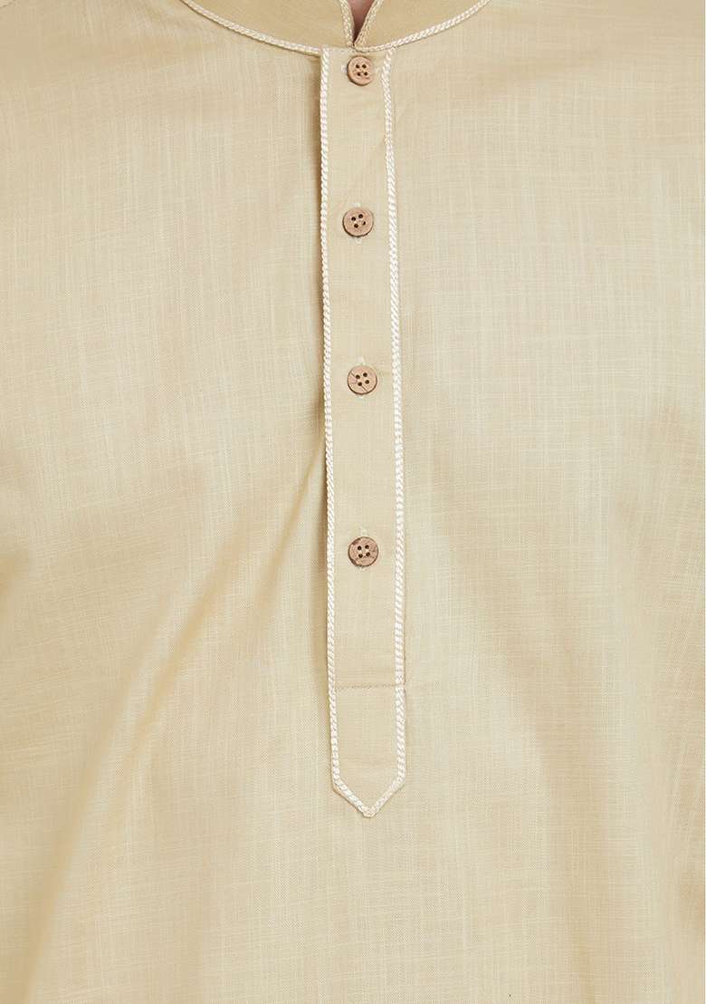 Cream Solid Cotton Kurta Set For Men - Indya