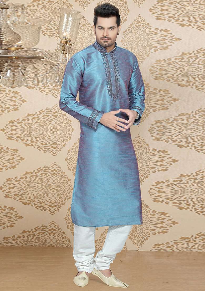 Rama Green Embroidered Silk Blend Kurta Set For Men - Indya