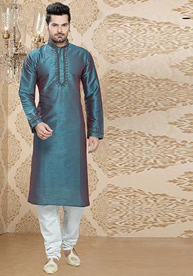 Blue Embroidered Silk Kurta Set For Men