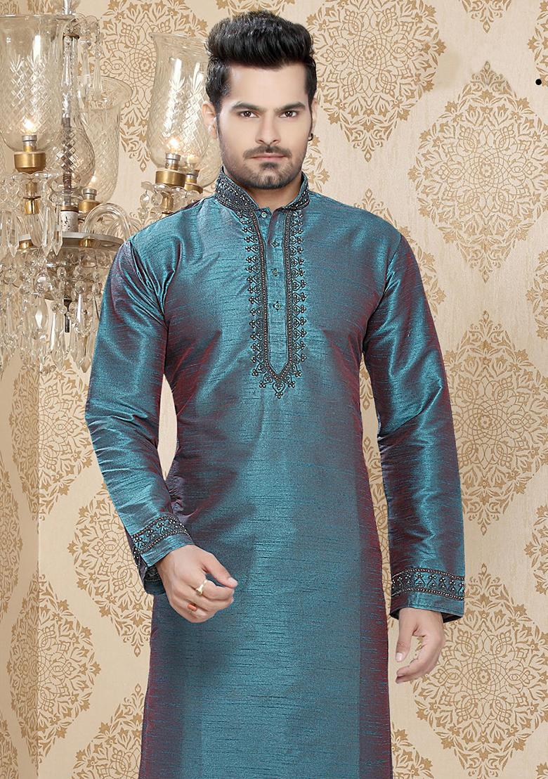 Blue Embroidered Silk Kurta Set For Men
