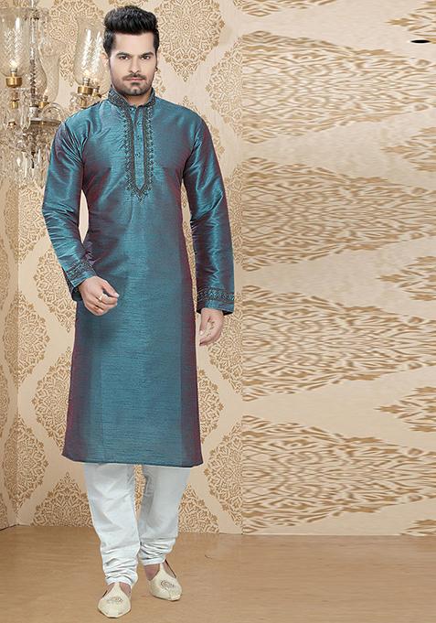 Blue Embroidered Silk Kurta Set For Men