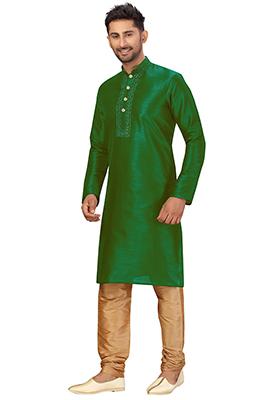 Green Embroidered Silk Kurta Set For Men