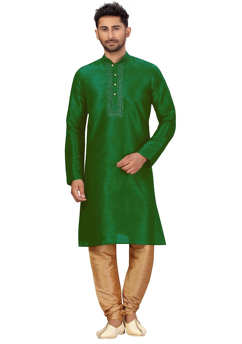 Green Embroidered Silk Kurta Set For Men