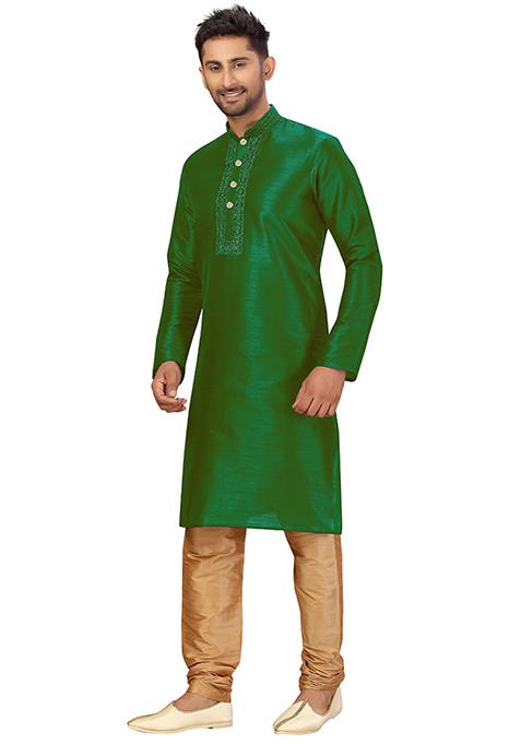 Green Embroidered Silk Kurta Set For Men