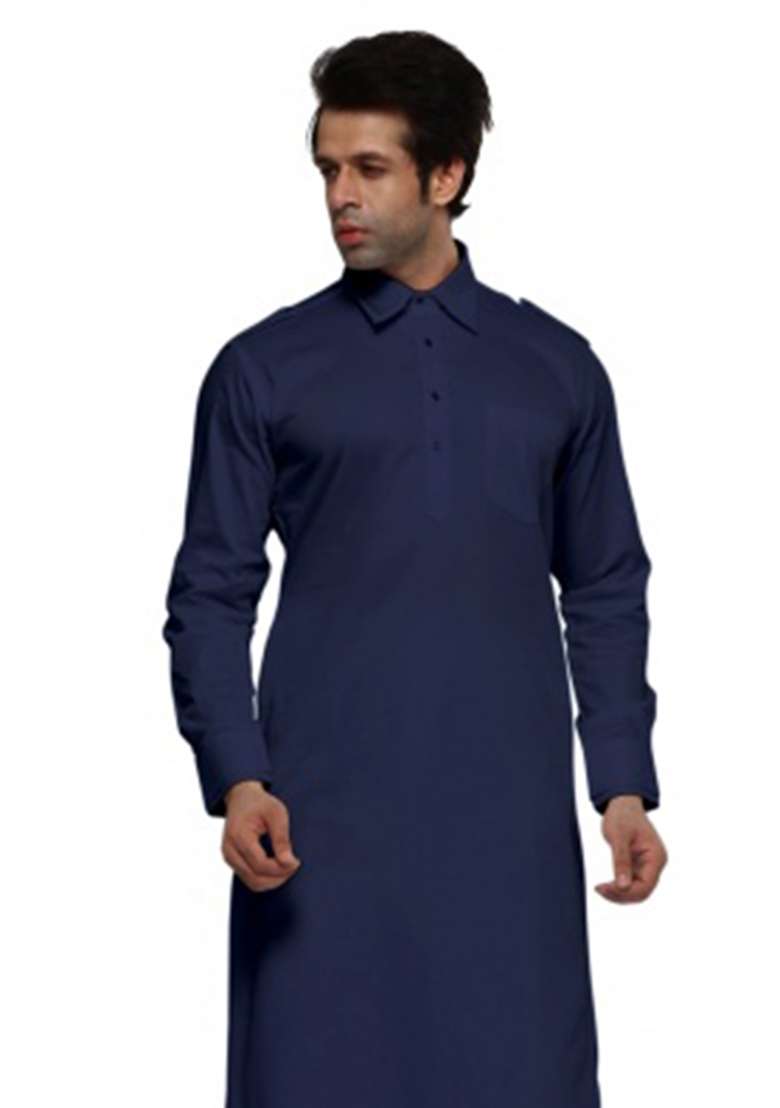 Navy Blue Solid Cotton Kurta Set For Men - Indya