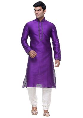 Purple Embroidered Silk Kurta Set For Men