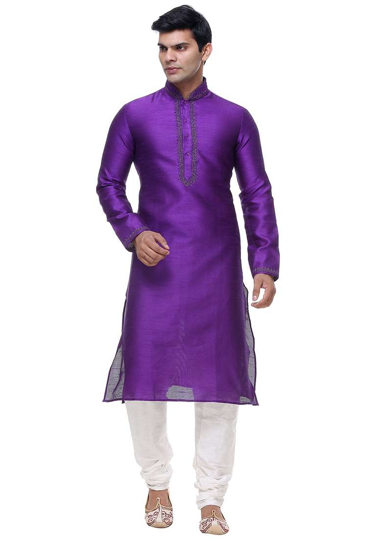 Purple Embroidered Silk Blend Kurta Set For Men - Indya