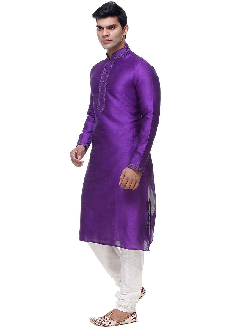 Purple Embroidered Silk Kurta Set For Men
