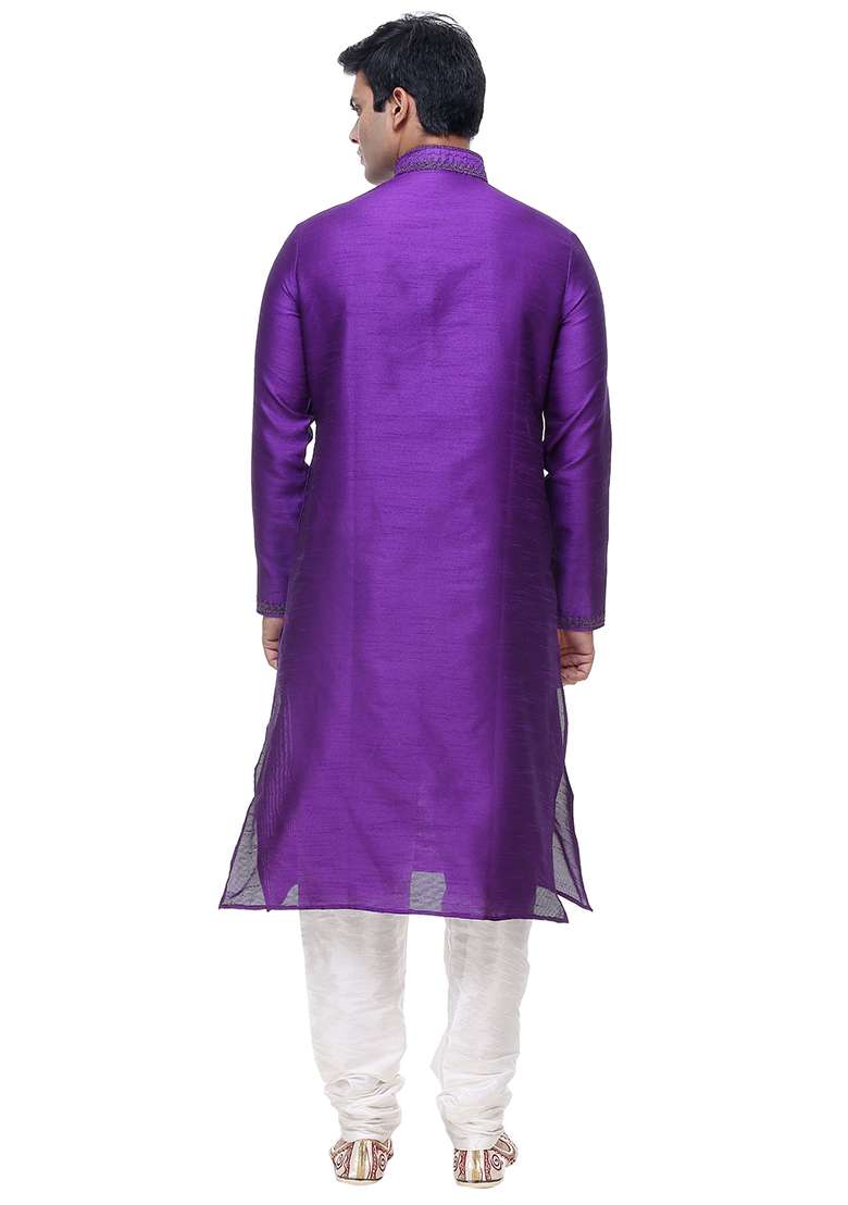 Purple Embroidered Silk Blend Kurta Set For Men - Indya