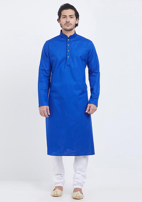 Royal Blue Solid Cotton Kurta Set For Men