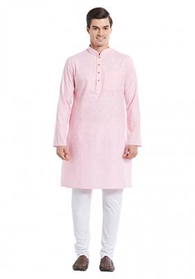 Pink Solid Cotton Kurta Set For Men