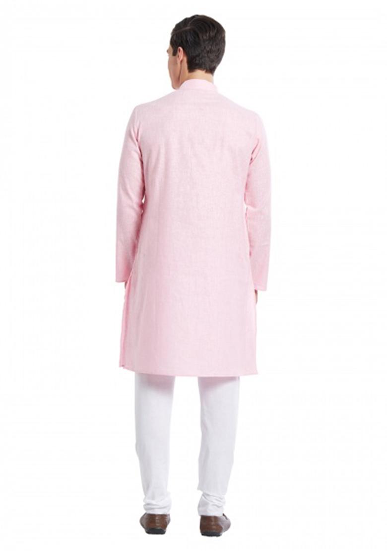 Pink Solid Cotton Kurta Set For Men