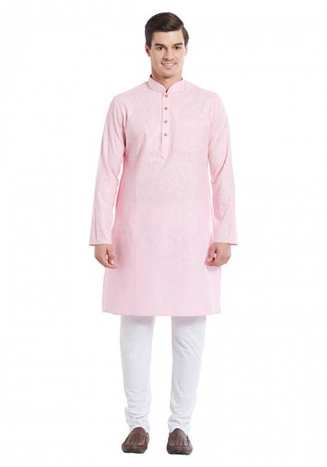 Pink Solid Cotton Kurta Set For Men
