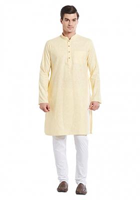 Cream Solid Cotton Kurta Set For Men