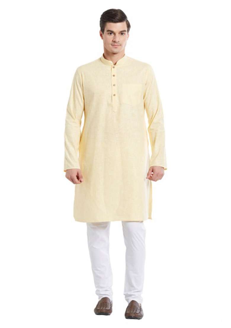 Cream Solid Cotton Kurta Set For Men - Indya