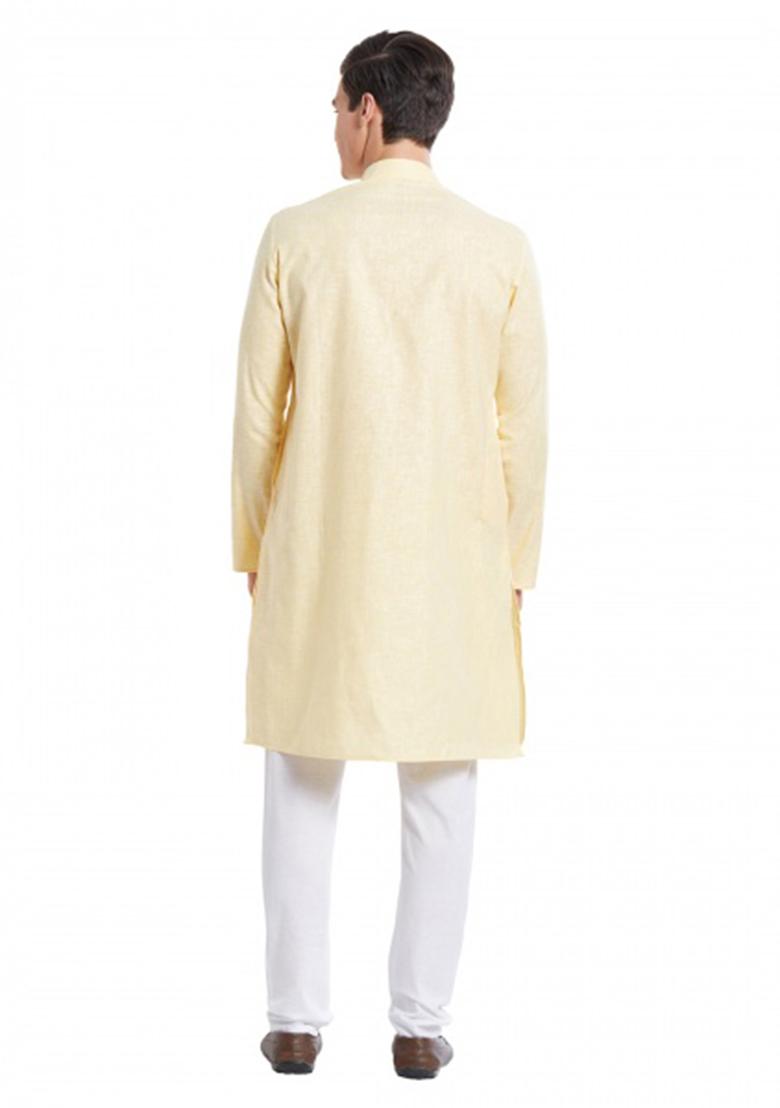 Cream Solid Cotton Kurta Set For Men